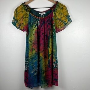 Women’s Blue Velvet Multicolored flowy 100% silk size XL, braided neckline top